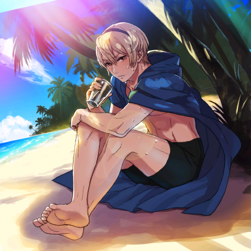 barefoot beach blonde_hair cup drinking_glass fire_emblem fire_emblem_if hairband leon_(fire_emblem_if) nintendo ocean official_art palm_tree shirtless sitting swim_trunks tree