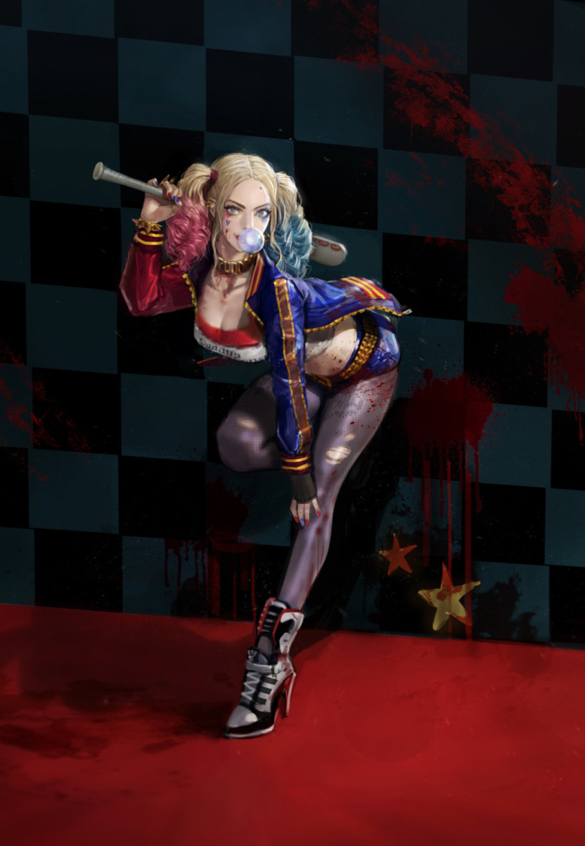 1girl baseball_bat batman_(series) belt checkered choker dc_comics dccu full_body gradient gradient_background harley_quinn multicolored_hair short_shorts shorts studded_belt suicide_squad twintails