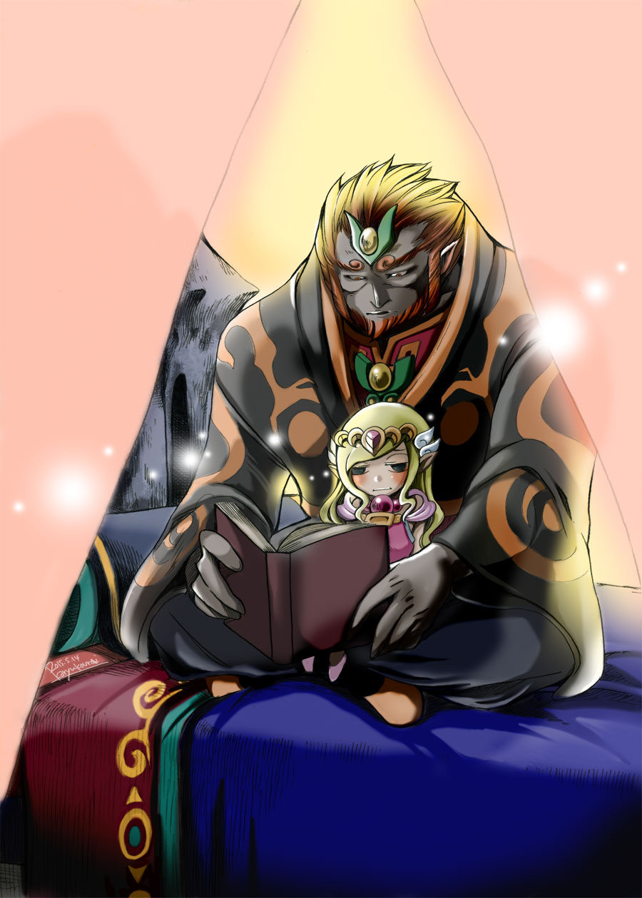 10s 1boy 1girl 2015 artist_request beard bed blonde_hair blue_eyes book dark_skin dated empty_eyes facial_hair ganondorf gradient gradient_background long_hair nintendo pointy_ears princess_zelda reading redhead sitting sitting_on_lap sitting_on_person size_difference spoilers the_legend_of_zelda the_legend_of_zelda:_the_wind_waker tiara