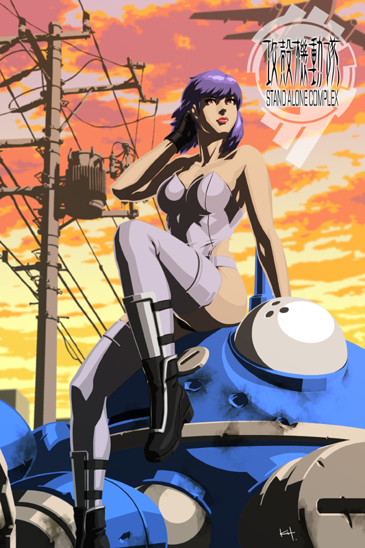 1girl copyright_name cyborg ghost_in_the_shell ghost_in_the_shell_stand_alone_complex jacket kit kusanagi_motoko military military_vehicle powerlines purple_hair short_hair sitting tachikoma tank weapon