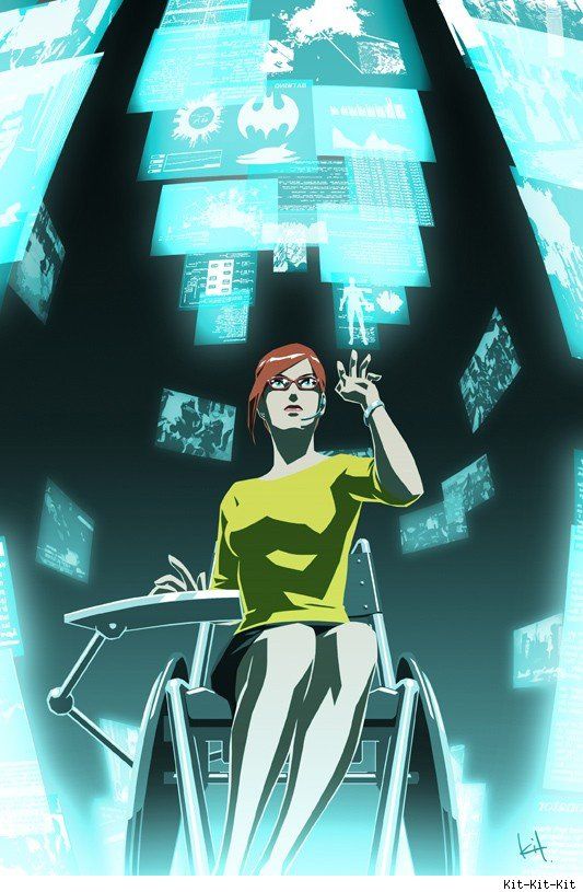 1girl artist_name barbara_gordon batman_(series) bracelet computer dc_comics glasses green_eyes headset holographic_interface jewelry kit map oracle redhead sitting wheelchair