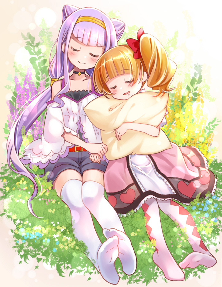 aisaki_emiru bow closed_eyes closed_mouth commentary_request dress drooling hairband holding_hands hugtto!_precure kawanobe object_hug open_mouth orange_hair precure purple_dress purple_hair purple_legwear red_bow red_dress red_legwear ruru_amour short_twintails sleeping sleeping_on_person sleeping_upright soles twintails yellow_hairband