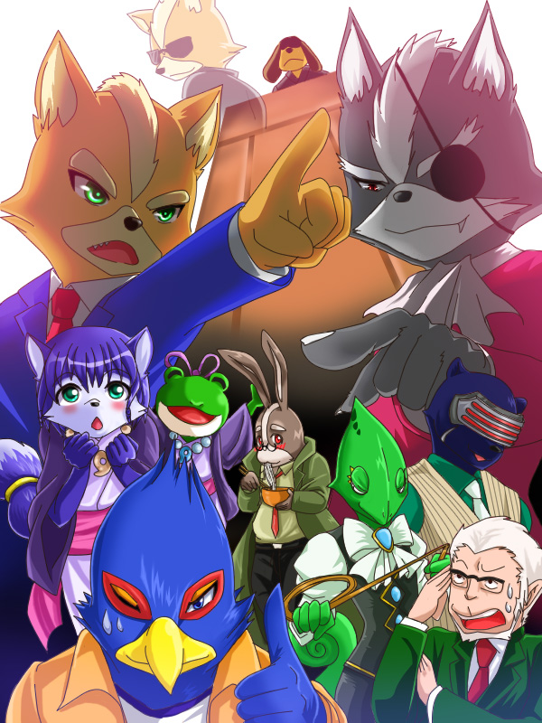 andross blue_eyes blue_hair cosplay eyepatch falco_lombardi fox_mccloud furry green_eyes james_mccloud jewelry krystal leon_powalski long_hair necklace necktie nintendo peppy_hare red_eyes slippy_toad star_fox suit sunglasses wolf_o'donnell