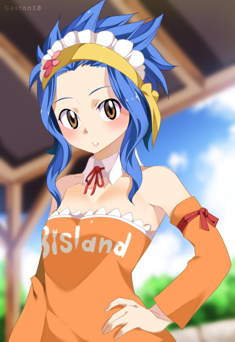 1girl blue_hair blush breasts brown_eyes dress fairy_tail female gaston18 hand_on_hip levy_mcgarden looking_at_viewer parted_lips short_hair small_breasts solo standing