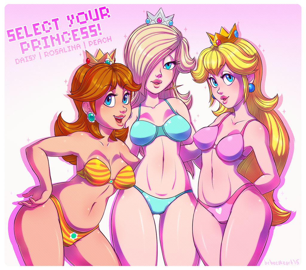 3girls bebecake bikini blonde_hair blue_eyes brown_hair crown girl_sandwich gradient gradient_background jewelry long_hair multiple_girls nintendo princess_daisy princess_peach rosetta_(mario) sandwiched short_hair super_mario_bros. super_mario_galaxy super_mario_land swimsuit