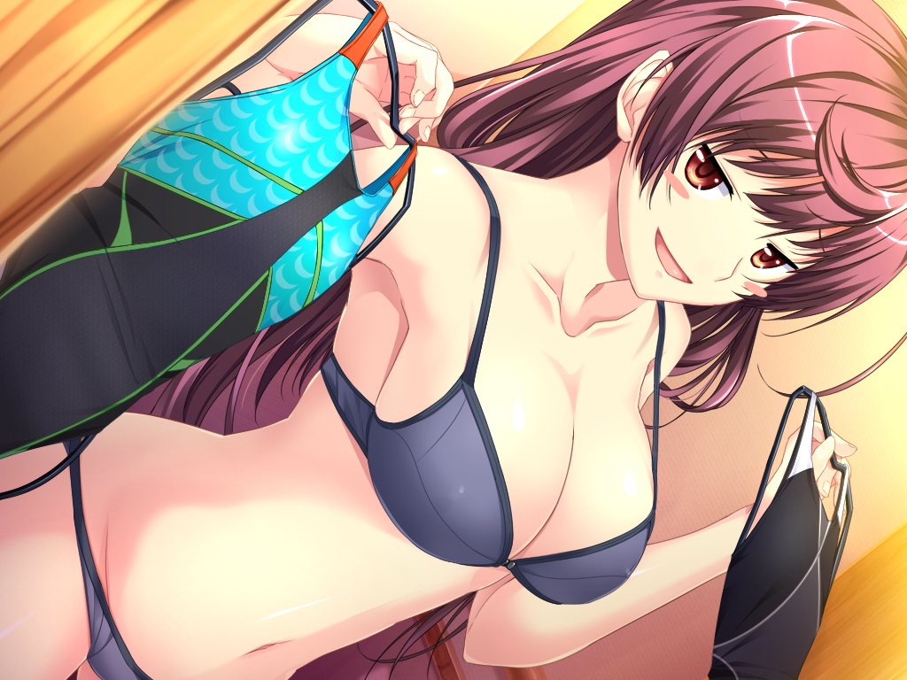 1girl armpits black_bra black_panties blush bra breasts brown_hair clothes_hanger collarbone dressing dressing_room female game_cg highres large_breasts legs long_hair looking_at_viewer marushin_(denwa0214) navel open_mouth orange_eyes panties shinohara_katsumi shop shopping solo standing supokon!_sports_wear_complex swimsuit thighs underwear