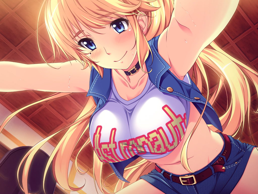 1girl anna_belmonte armpits belt blonde_hair blue_eyes blush breasts collar female from_below game_cg hanging_breasts highres jacket large_breasts legs long_hair looking_down marushin_(denwa0214) midriff mole navel ponytail short_shorts shorts smile solo supokon!_sports_wear_complex sweat thighs