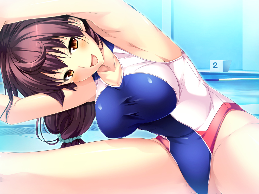 1girl armpits blush breasts brown_hair exercise female game_cg highres large_breasts legs long_hair looking_at_viewer marushin_(denwa0214) open_mouth orange_eyes pool shinohara_katsumi sitting solo spread_legs supokon!_sports_wear_complex swimsuit thighs water