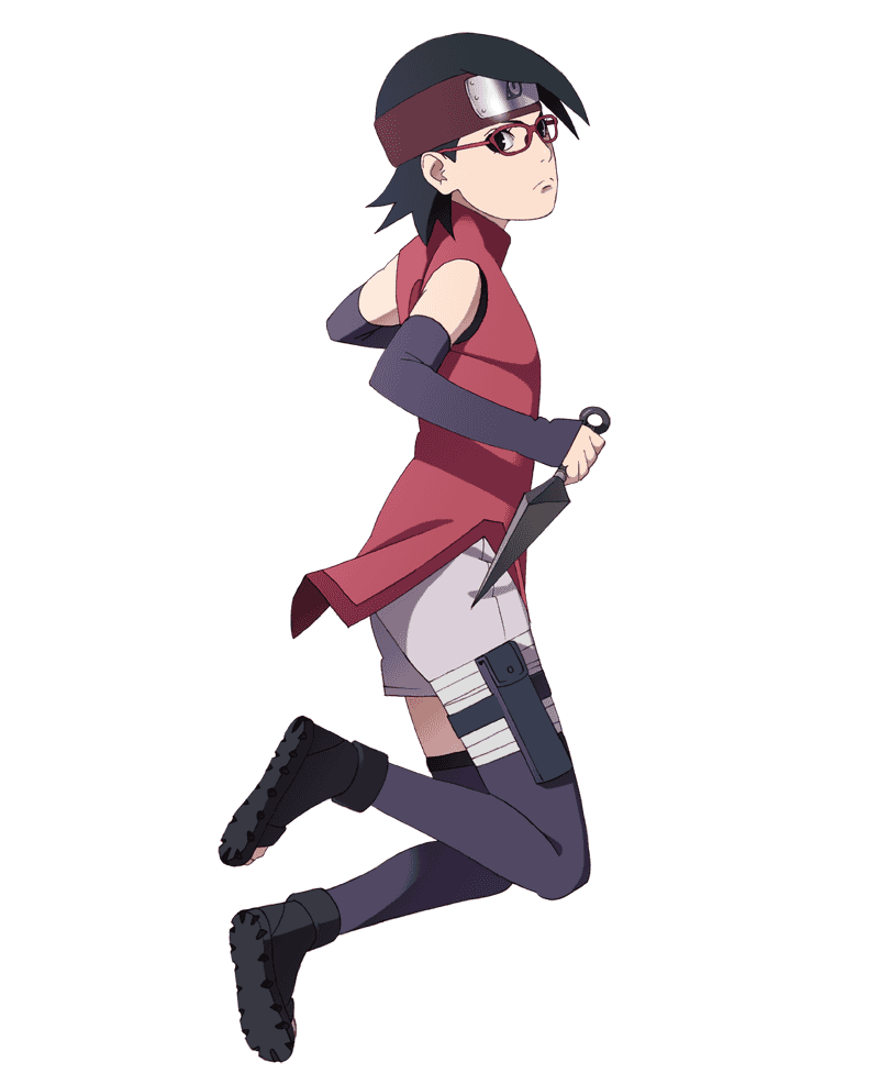 1girl arm_warmers black_eyes black_hair boruto:_the_movie child forehead_protector full_body glasses kunai looking_at_viewer naruto official_art shorts simple_background solo thigh-highs toeless_legwear uchiha_sarada weapon