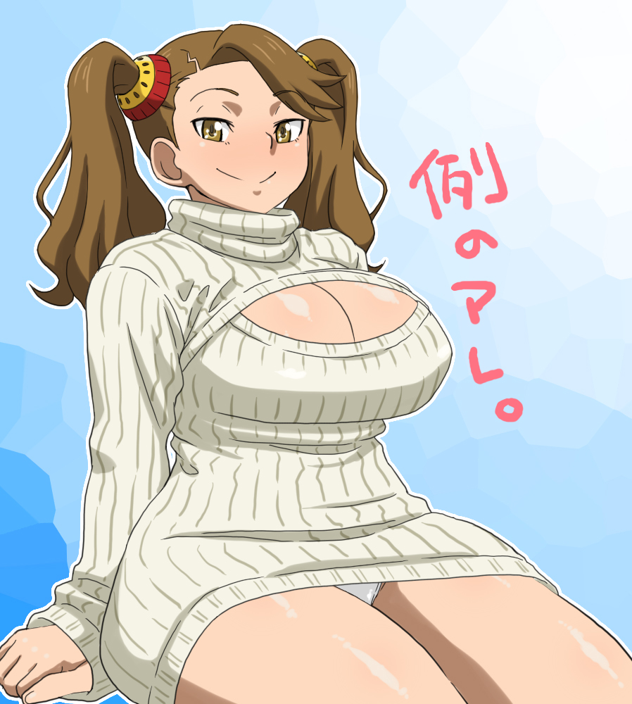 1girl :&gt; blush breasts brown_eyes brown_hair cleavage cleavage_cutout dress female gradient gradient_background gundam gundam_build_fighters gundam_build_fighters_try hair_ornament large_breasts long_hair looking_at_viewer murata open-chest_sweater panties pantyshot plump sazaki_kaoruko smile solo sweater sweater_dress thick_thighs twintails underwear wide_hips