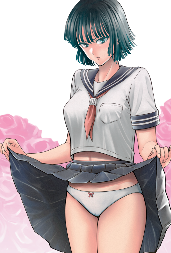 1girl alternate_costume black_hair breasts commentary_request fubuki_(one-punch_man) green_eyes kiyosumi_hurricane lifted_by_self looking_at_viewer medium_breasts one-punch_man panties school_uniform serafuku short_hair skirt skirt_lift solo underwear white_panties