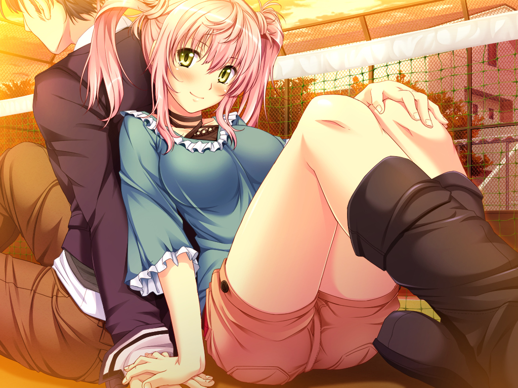 1girl ass back-to-back blush boots breasts highres large_breasts legs looking_at_viewer marushin_(denwa0214) net pink_hair shirato_usagi shorts sitting smile supokon!_sports_wear_complex thighs twintails yellow_eyes