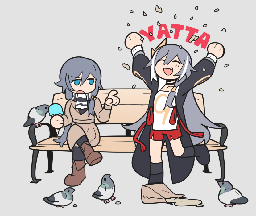 2girls bag bangs bench bird bird_wings black_coat black_hair blue_eyes boots brown_bag brown_coat brown_footwear casual coat crossed_legs dual_persona fang food fu_hua fu_hua_(herrscher_of_sentience) full_body grey_background hair_between_eyes hair_ornament holding holding_food honkai_(series) honkai_impact_3rd ice_cream ice_cream_cone long_hair long_sleeves multiple_girls open_mouth outstretched_arms paper_bag ponytail shirt simple_background sitting standing standing_on_one_leg white_shirt wings zaraku