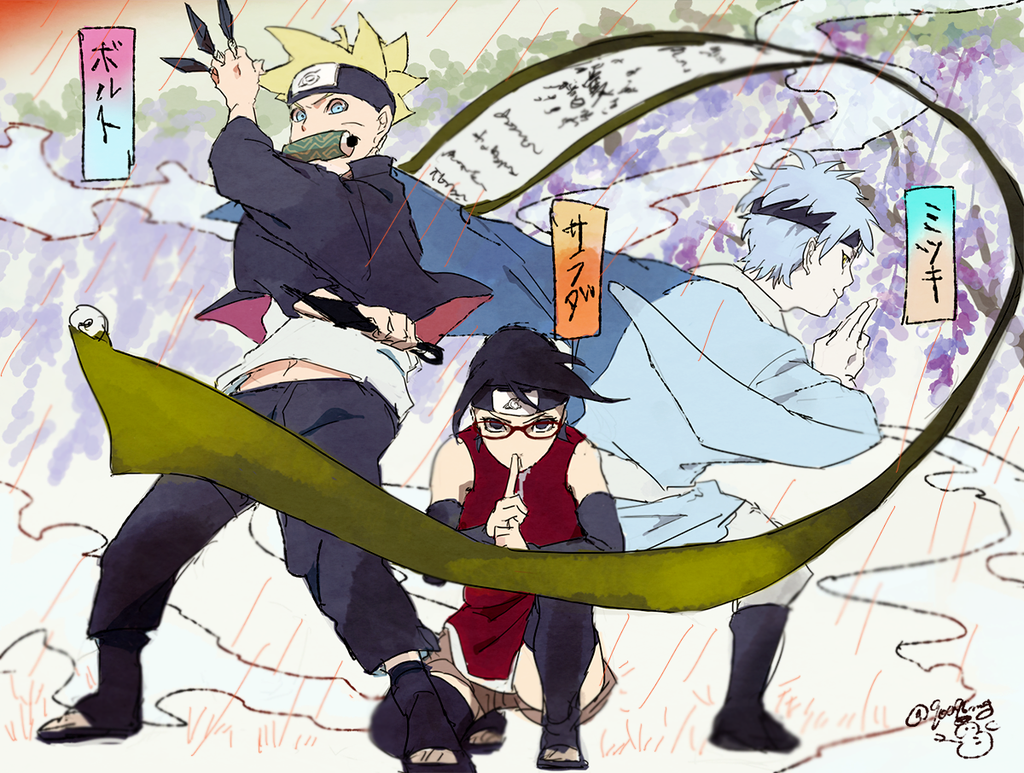 1girl 2boys 90096mg ahoge arm_warmers black_eyes black_hair blonde_hair blue_eyes blue_hair boruto:_the_movie child dual_wielding fighting_pose forehead_protector glasses jacket kunai mitsuki_(naruto) multiple_boys naruto open_clothes open_jacket scroll short_hair shorts toeless_legwear uchiha_sarada uzumaki_boruto weapon yellow_eyes