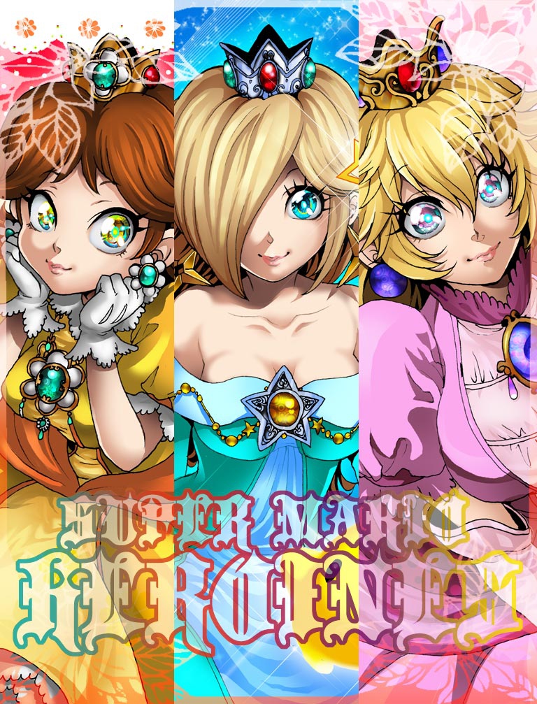 3girls blonde_hair brown_hair crown dress isamu-ki_(yuuki) jewelry long_hair multiple_girls nintendo princess_daisy princess_peach rosetta_(mario) short_hair smile super_mario_bros. super_mario_galaxy super_mario_land