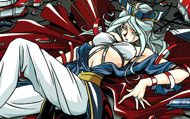 1girl bra breasts cape crown female grey_eyes grey_hair jewelry kimura_takahiro long_hair lying nipples on_back open_mouth open_robes pants pc98 pointy_ears proto_nirvana ring robe steam_hearts strap tagme tattoo underwear