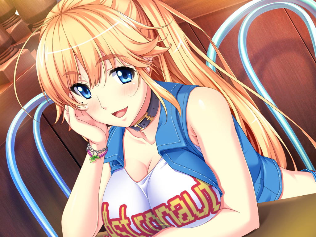 1girl anna_belmonte blonde_hair blue_eyes blush breast_rest breasts chair cleavage collar female game_cg happy highres jacket large_breasts long_hair looking_at_viewer marushin_(denwa0214) mole open_mouth ponytail sitting smile solo supokon!_sports_wear_complex