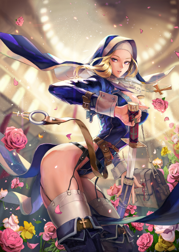 1girl bag blonde_hair breasts cleavage cleavage_cutout cross cross_necklace doyak flower garter_straps habit highleg holding holding_weapon jewelry katana long_hair multiple_belts nail_polish necklace nun original pearl_necklace pendant petals pink_lips pink_rose rose sheath side_slit solo sword thick_thighs thigh-highs veil violet_eyes weapon white_legwear yellow_rose