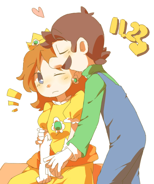 1boy 1girl blue_eyes blush brown_hair couple crown gloves hetero jewelry kiss luigi nintendo princess_daisy simple_background super_mario_bros. super_mario_land