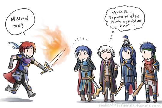 1girl 5boys blue_hair english father_and_daughter fire fire_emblem fire_emblem:_akatsuki_no_megami fire_emblem:_fuuin_no_tsurugi fire_emblem:_kakusei ike_(fire_emblem) krom krom_(fire_emblem) lucina lucina_(fire_emblem) marth_(fire_emblem) multiple_boys my_unit my_unit_(fire_emblem:_kakusei) nintendo redhead roy_(fire_emblem) simple_background smile super_smash_bros. sword tagme weapon white_hair |_|