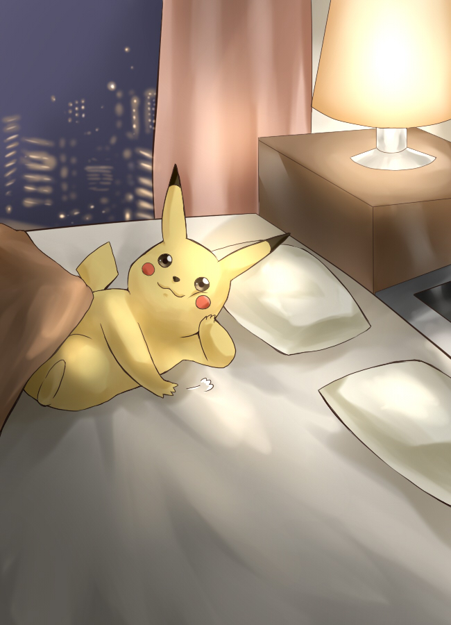:3 beckoning bed come_hither looking_at_viewer nintendo no_humans on_bed pikachu pillow pokemon pokemon_(game) skyline wasabi_(legemd) what
