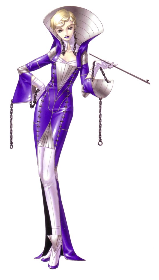 1girl blonde_hair chains gloves lips lipstick looking_at_viewer madam makeup official_art purple_lipstick shin_megami_tensei shin_megami_tensei_ii short_hair simple_background