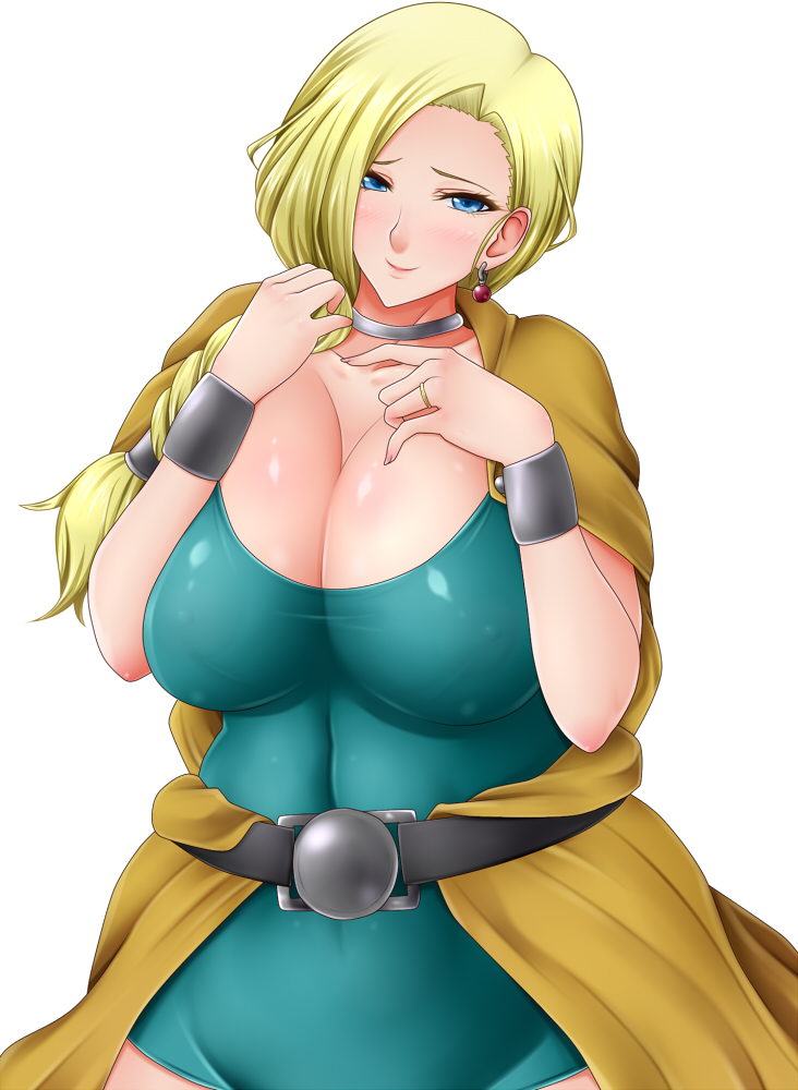 1girl bianca blonde_hair breasts bursting_breasts cleavage dragon_quest dragon_quest_v earrings huge_breasts jewelry saogokushi simple_background skin_tight