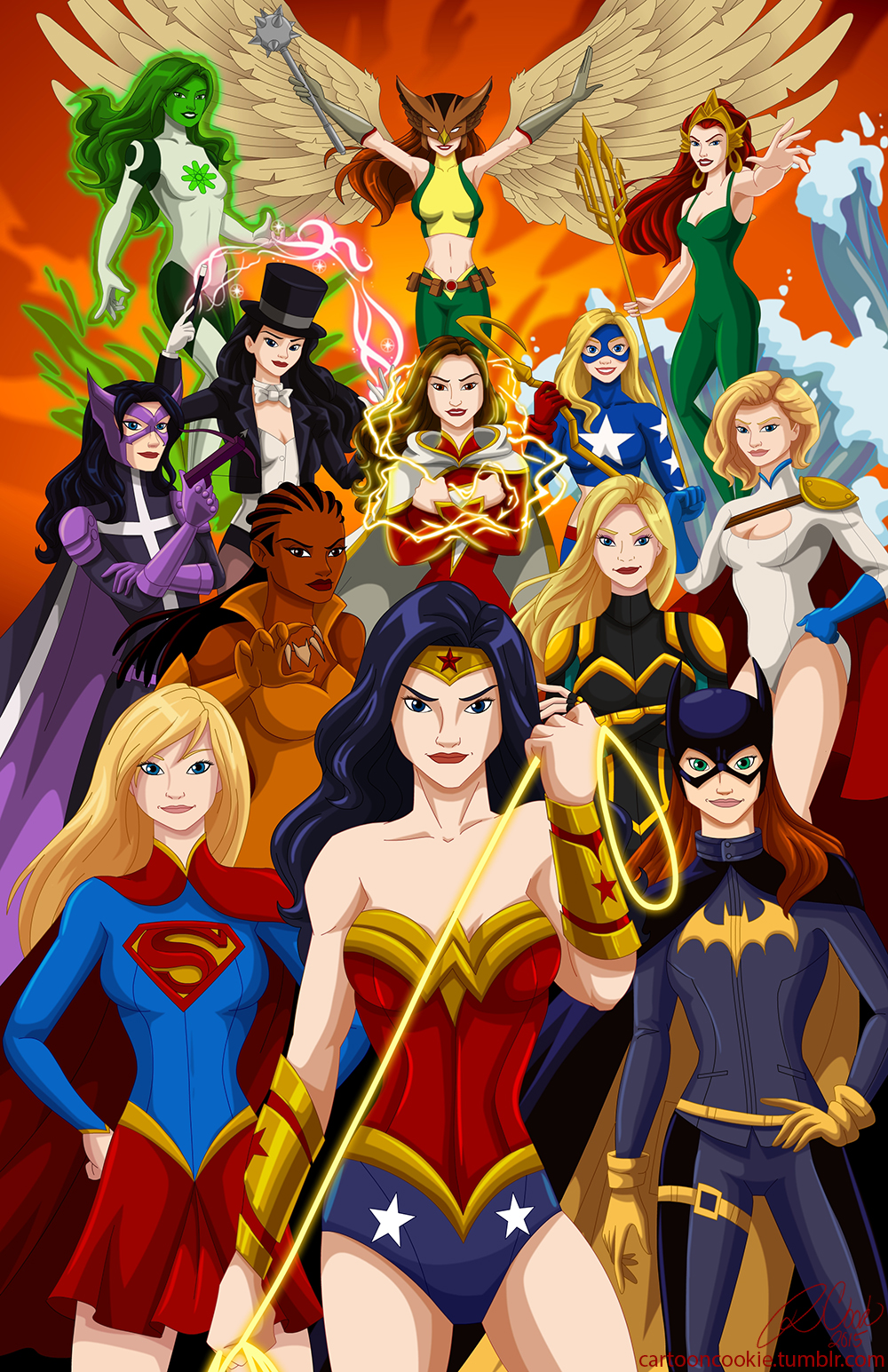 6+girls amazon arm arm_up armor arms_up barbara_gordon bare_legs bare_shoulders batgirl black_canary black_hair blonde_hair blue_eyes blue_gloves bodysuit bow bow_(weapon) bowtie bracelet braids breasts brown_hair cape claws cleavage cleavage_cutout collarbone courtney_whitmore crossbow dark_skin dc_comics detached_collar everyone female flying gloves green_hair green_skin grey_gloves grin hand_on_hip hat hawkgirl holding huntress jade_(dc) jewelry kryptonian legs leotard lips lipstick long_hair looking_at_viewer mace magic magician makeup mari_jiwe_mccabe mary_batson mask masquerade mera midriff multiple_girls navel neck necklace outstretched_arm pink_lipstick power_girl purple_gloves queen red_cape red_gloves red_lipstick red_skirt redhead s_shield short_hair single_spaulder skirt sleeveless smile spaulders standing stargirl strapless supergirl tiara top_hat trident turtleneck v-neck vixen_(dc) wand water weapon wonder_woman yellow_gloves zatanna_zatara