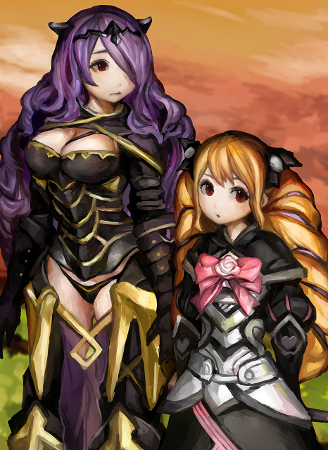 2girls armor artist_request breasts brown_eyes brown_hair camilla_(fire_emblem_if) cleavage cleavage_cutout dress elise_(fire_emblem_if) fire_emblem fire_emblem_if gradient gradient_background hair_over_one_eye multiple_girls purple_hair red_eyes twin_drills