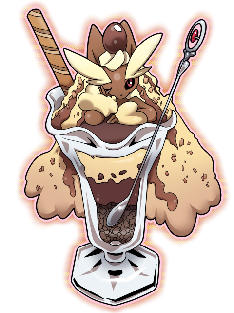 black_sclera chocolate food glass ice_cream lopunny nintendo no_humans pmx pokefood pokemon pokemon_(game) red_eyes simple_background solo spoon tagme white_background