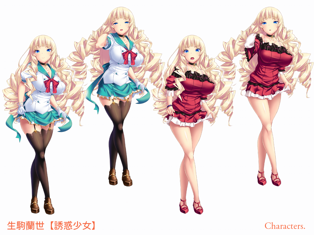 1girl adjusting_hair blonde_hair blue_eyes blush breasts character_name dress drill_hair feet game_cg garter_straps highres huge_breasts legs long_hair looking_at_viewer play!_play!_play!_shi school_uniform shoes simple_background skirt smile standing thigh-highs thighs wazakita white_background