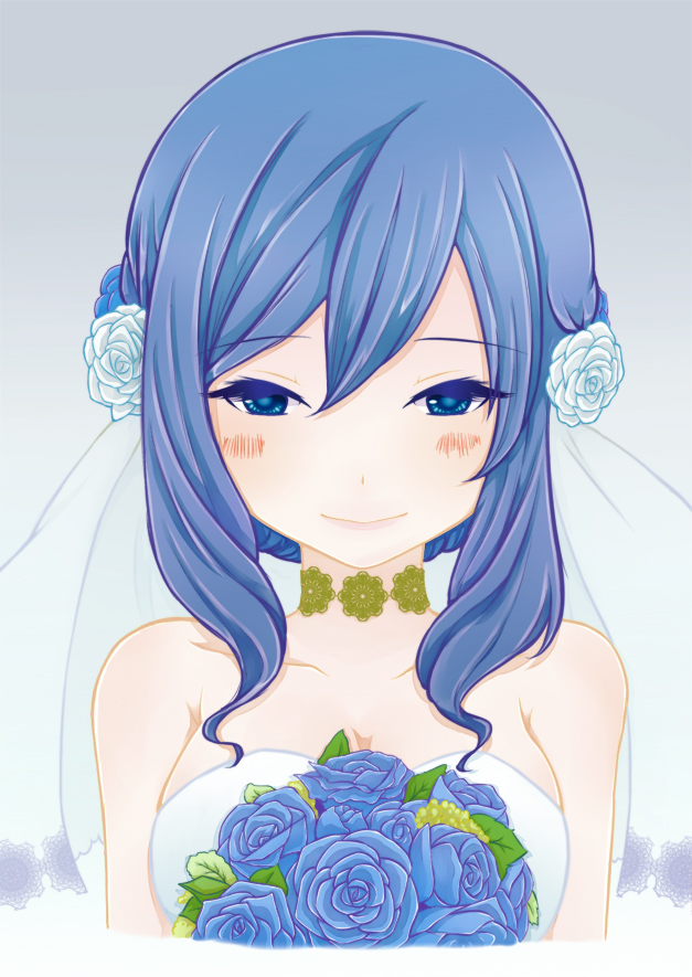 1girl blue_hair blush breasts dress fairy_tail female flower gradient gradient_background juvia_loxar long_hair looking_at_viewer smile solo wedding_dress