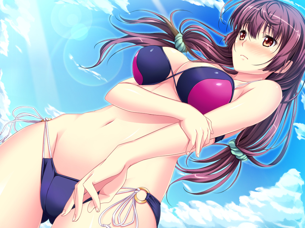 1girl bikini blush breasts brown_hair cleavage clouds embarrassed female game_cg highres large_breasts legs long_hair looking_away marushin_(denwa0214) navel orange_eyes shinohara_katsumi sky solo standing sunlight supokon!_sports_wear_complex swimsuit thighs twintails