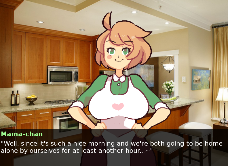 1girl apron blush brown_hair fake_screenshot green_eyes hands_on_hips housewife inkerton-kun kitchen looking_at_viewer mama-chan_(inkerton-kun) milf wide_hips