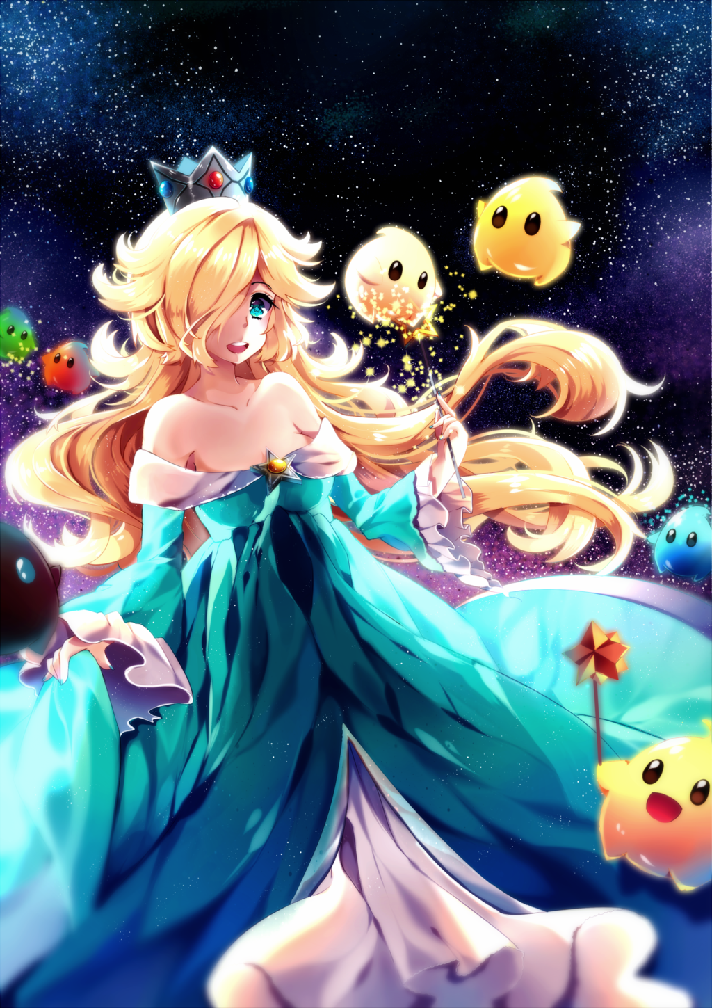 1girl blonde_hair chiko_(mario) crown curly_hair dress gradient gradient_background hair_over_one_eye long_hair maruuki nintendo open_mouth rosetta_(mario) smile space sparkle star-shaped_pupils star_(sky) strapless_dress super_mario_bros. super_mario_galaxy symbol-shaped_pupils wand