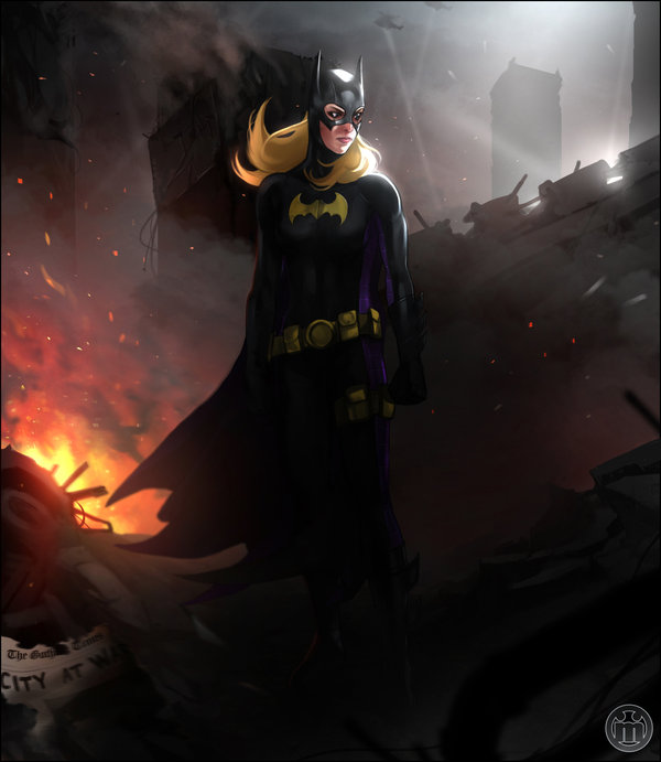 1girl batgirl batman_(series) belt blonde_hair cape dc_comics fire mask mullerpereira solo standing stephanie_brown