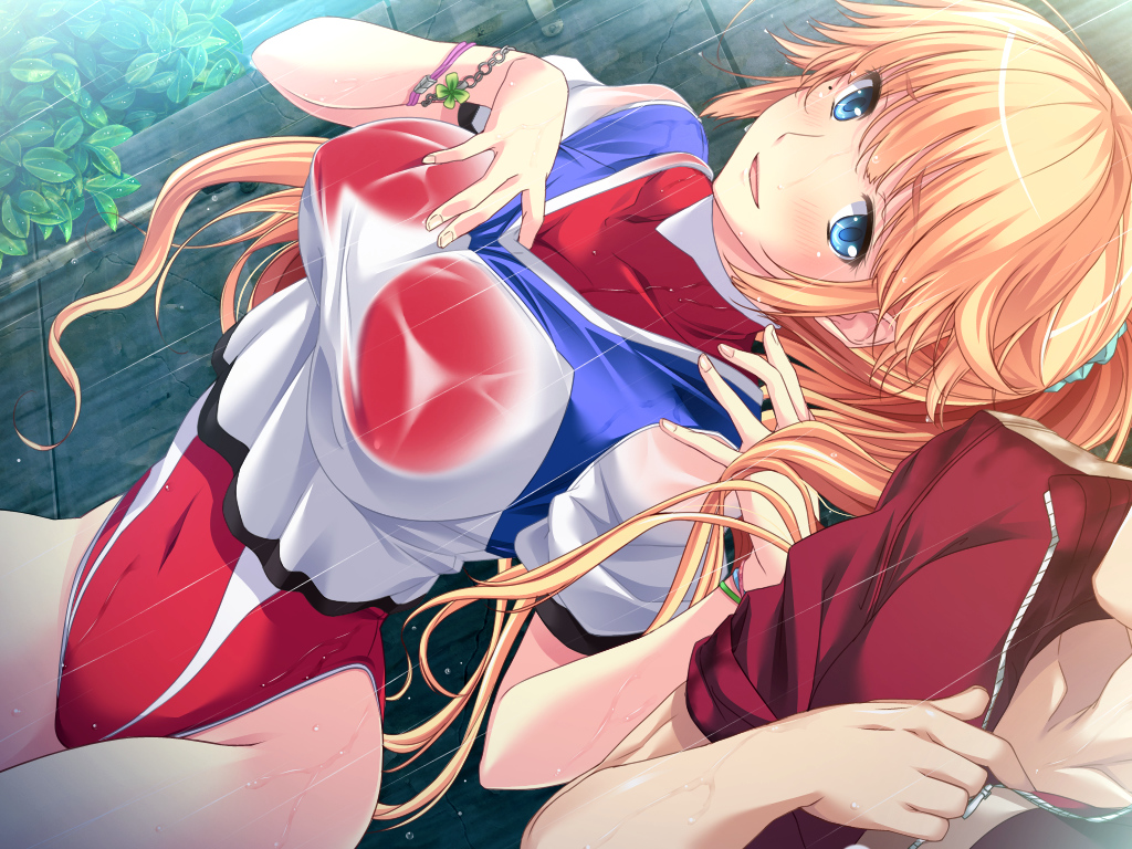 1girl anna_belmonte blonde_hair blue_eyes blush breasts dutch_angle game_cg highres large_breasts legs leotard long_hair looking_at_viewer marushin_(denwa0214) mole ponytail rain smile solo_focus standing supokon!_sports_wear_complex thighs track_jacket water wet wet_clothes