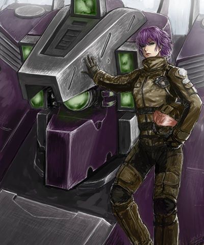 1girl armored_core armored_core:_last_raven fascinator green_eyes mecha purple_hair zinaida