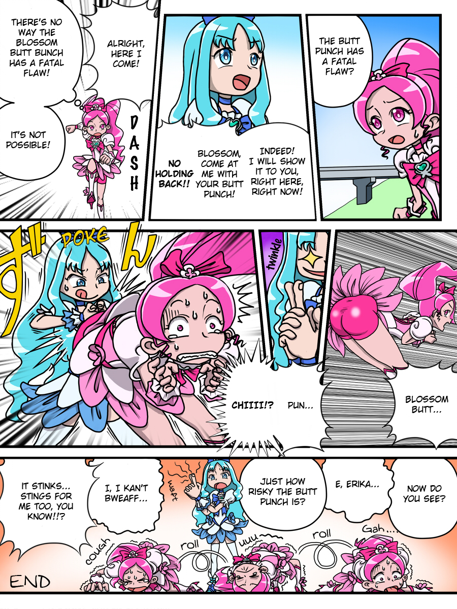 2girls ass bike_shorts blue_eyes blue_hair boots bow clenched_teeth comic constricted_pupils cure_blossom cure_marine failure female glint hair_bow hanasaki_tsubomi heartcatch_precure! hip_attack kanchou kurumi_erika long_hair magical_girl multiple_girls open_mouth pain pink_eyes pink_hair ponytail precure rape_face rolling smile sweat tears teeth thigh-highs tongue tongue_out translated