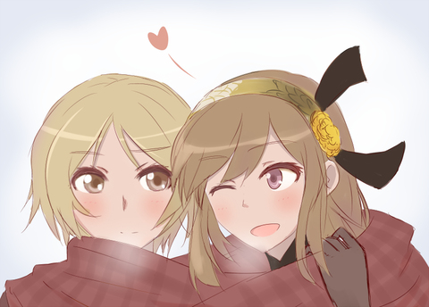 2girls bahl_(terra_battle) blush brown_eyes brown_hair female gradient gradient_background headgear heart md5_mismatch multiple_girls one_eye_closed pixiv_thumbnail resized rexlent samatha_(terra_battle) smile terra_battle