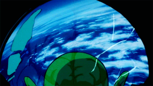 3boys 90s alien animated animated_gif antennae attack battle beam blast dougi dr._wheelo dragon_ball dragonball_z earth fangs green_skin male_focus multiple_boys outer_space piccolo planet pointy_ears robot screen son_gohan staff tail teeth tongue white_eyes