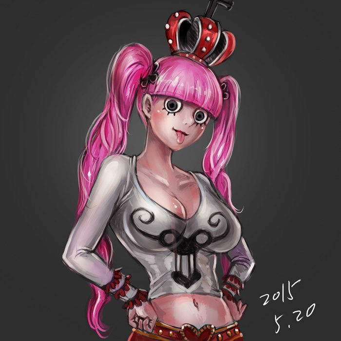 1girl crown long_sleeves lt midriff one_piece perona pink_hair solo twintails