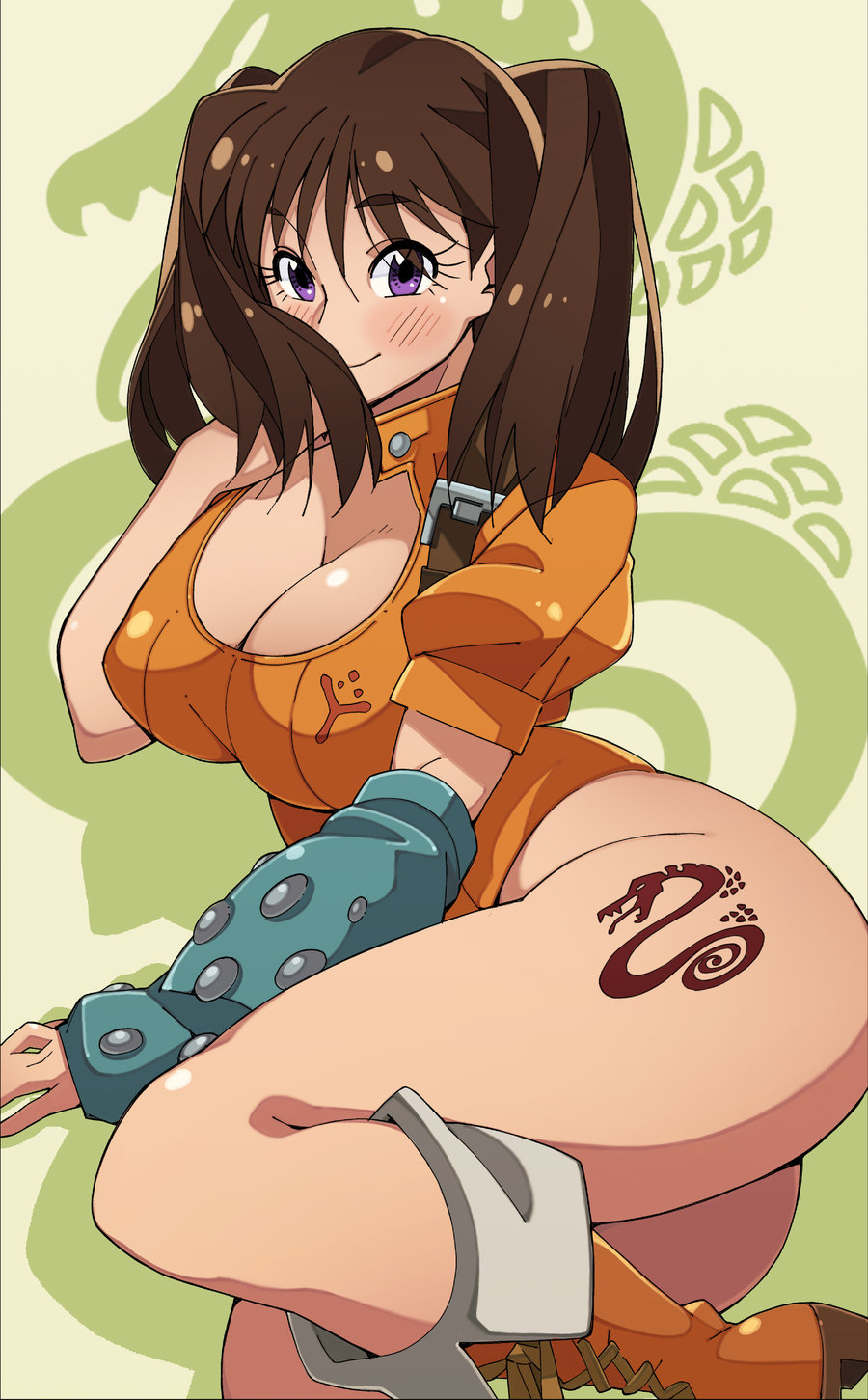 1girl ass blush boots breasts brown_hair cleavage cleavage_cutout curvy diane_(nanatsu_no_taizai) female large_breasts lavender_eyes long_hair looking_at_viewer lying nanatsu_no_taizai nisego on_side smile solo tattoo thick_thighs twintails violet_eyes wide_hips