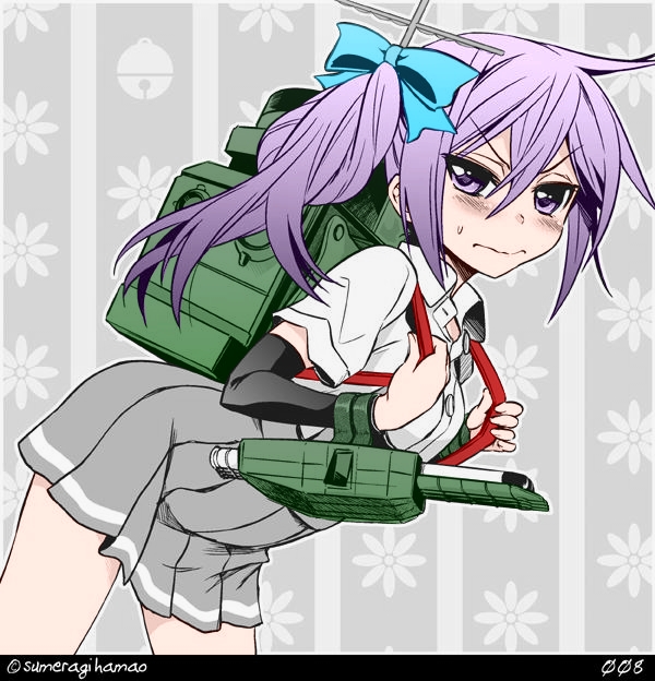 1girl akebono_(kantai_collection) alternate_costume arm_warmers blush embarrassed hair_ribbon kantai_collection kasumi_(kantai_collection) kasumi_(kantai_collection)_(cosplay) looking_at_viewer pleated_skirt ribbon school_uniform side_ponytail skirt solo sumeragi_hamao suspenders sweatdrop twitter_username