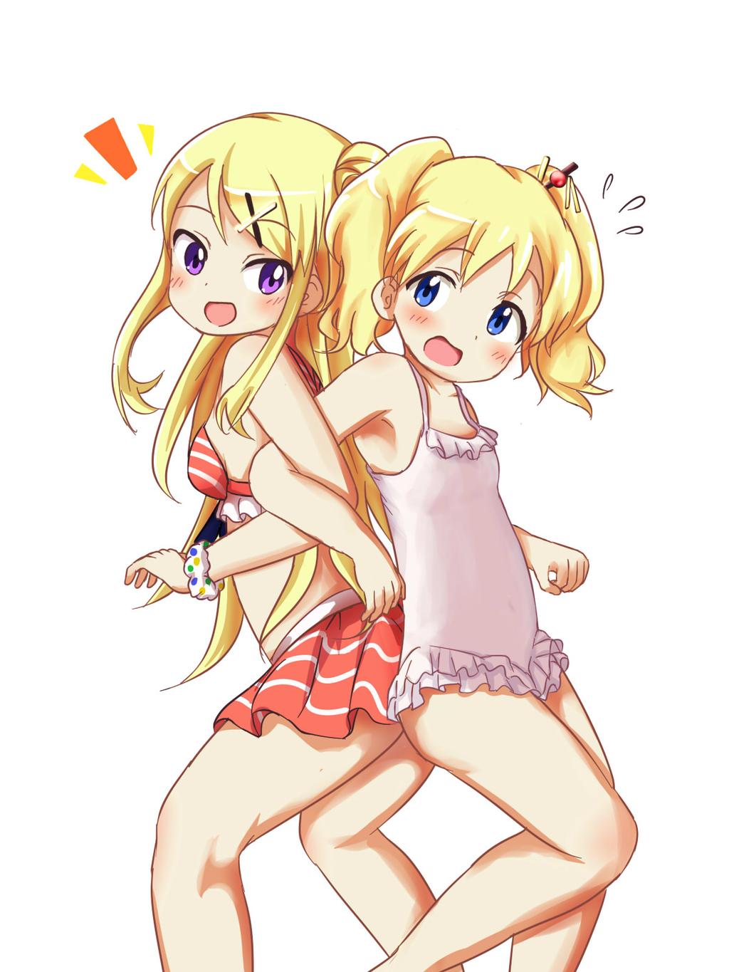 2girls :d alice_cartelet bikini blonde_hair blue_eyes blush casual_one-piece_swimsuit child flat_chest frilled_swimsuit frills hair_bun hair_ornament hairclip kin-iro_mosaic kujou_karen locked_arms long_hair looking_at_viewer md5_mismatch multiple_girls one-piece_swimsuit open_mouth pnkts resized short_hair simple_background smile swimsuit twintails violet_eyes white_background wristband