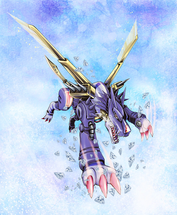 android armor bandai blades claws cyborg d-arts digimon epic fangs flying full_armor helmet ice metalgarurumon missile monster no_humans official_art red_eyes sky slashing traditional_media weapon wings wolf