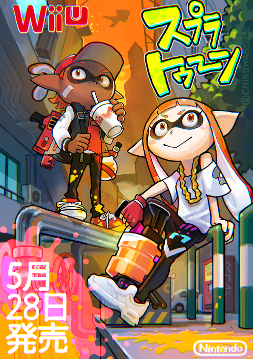 1boy 1girl blooper city dark_skin fingerless_gloves gloves hat inkling japanese_text jewelry kiharatotsunori mask messy necklace nintendo orange_eyes orange_hair pointy_ears shoes sitting sneakers soda splatoon super_mario_bros. super_soaker tentacle tentacle_hair weapon