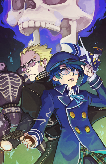 1boy 1girl amasugiru back-to-back beam_sword blue_fire blue_hair fire glasses gun hat looking_back persona persona_4 scar shirogane_naoto skull sukuna_hikona take-mikazuchi tatsumi_kanji weapon