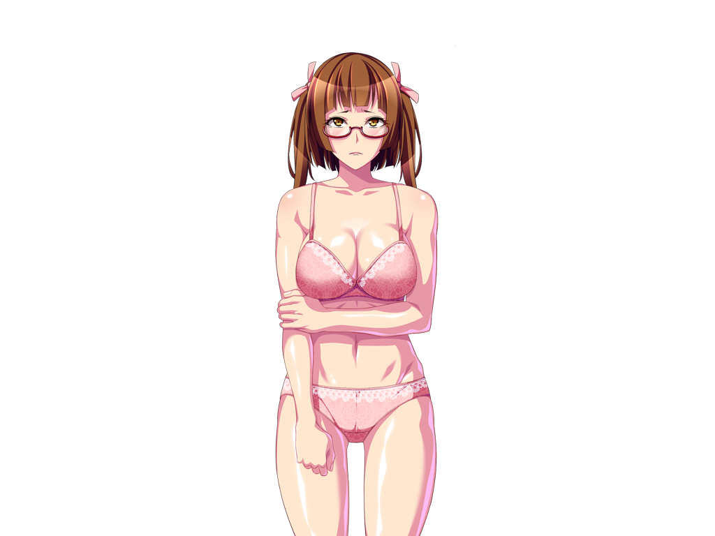 1girl blush bra breasts brown_eyes brown_hair cleavage female game_cg glasses kedama_keito large_breasts legs looking_at_viewer navel panties pink_bra pink_panties seiso_na_jk_ni_biyaku_mamire_no_chinpo_wo_sokuhame_shitara_ore_no_seieki_benki_ni_natta! simple_background solo standing thighs twintails underwear