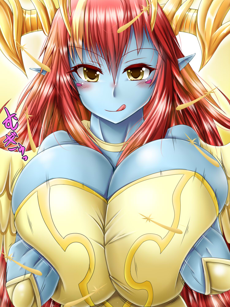 baroque20320514fu blush breasts cleavage hera-sowilo_(p&amp;d) huge_breasts looking_at_viewer monster_girl puzzle_&amp;_dragons redhead yellow_eyes